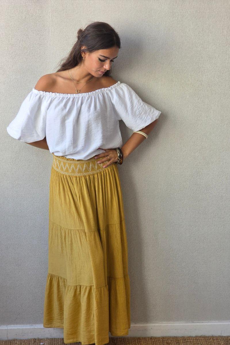 Falda bámbula zigzag mostaza