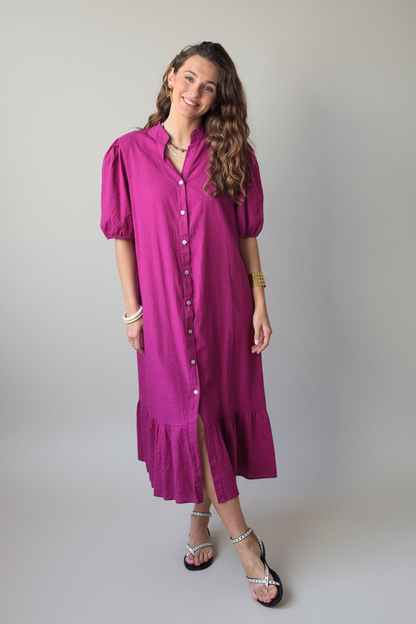 Vestido botones tipo lino magenta