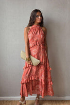 Vestido gasa cuello halter naranja