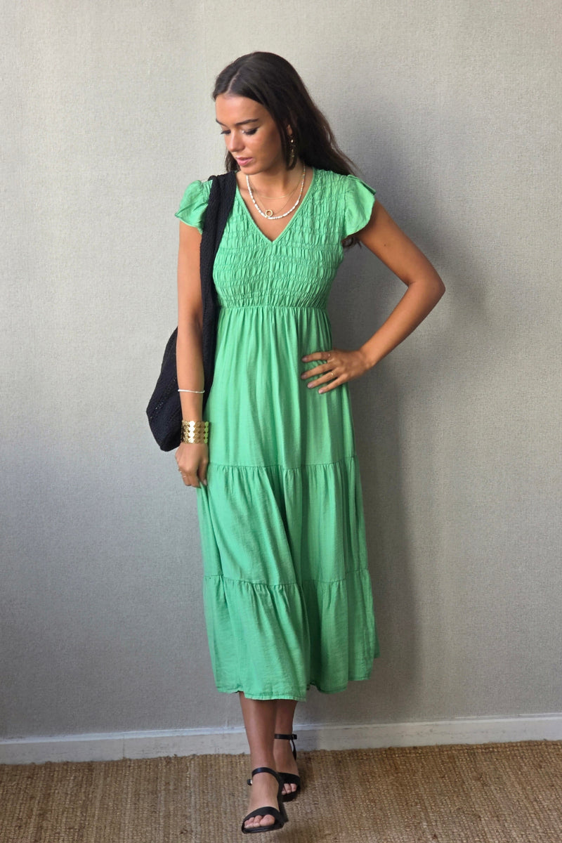 Vestido nido de abeja con volantes verde