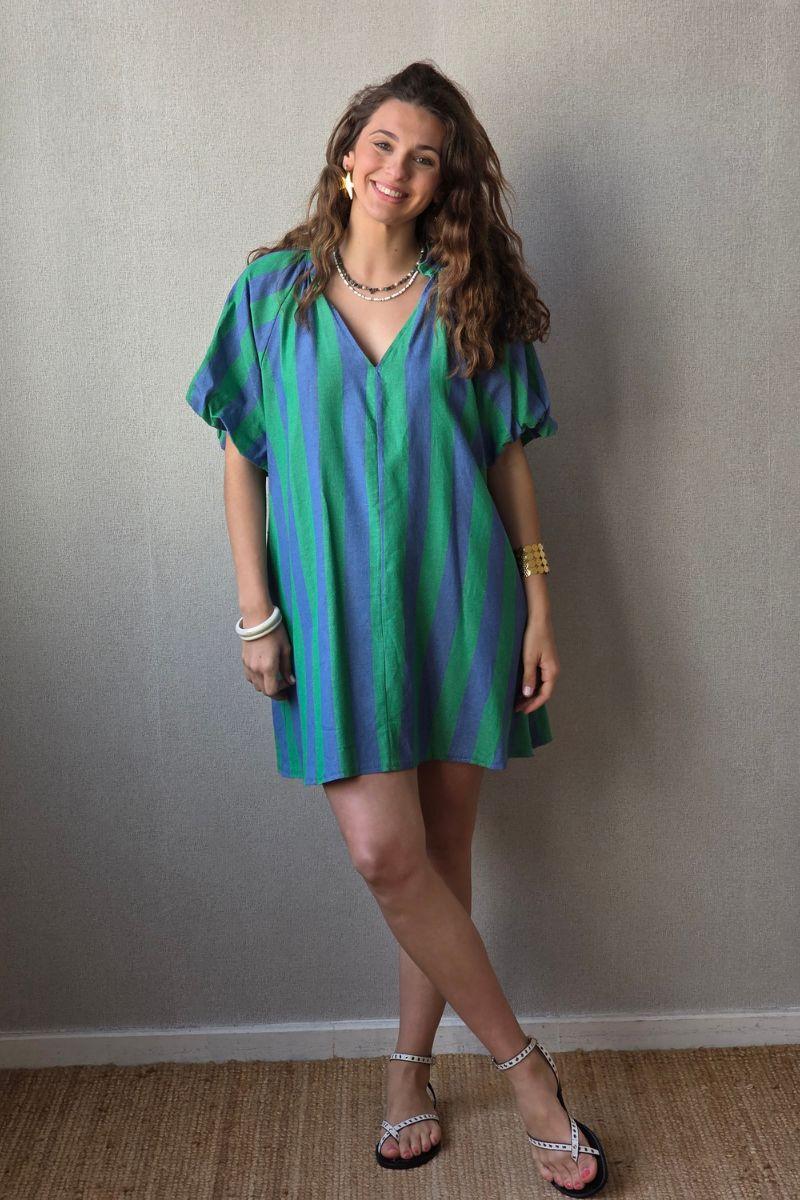 Vestido de mujer manga abullonada con rayas verde