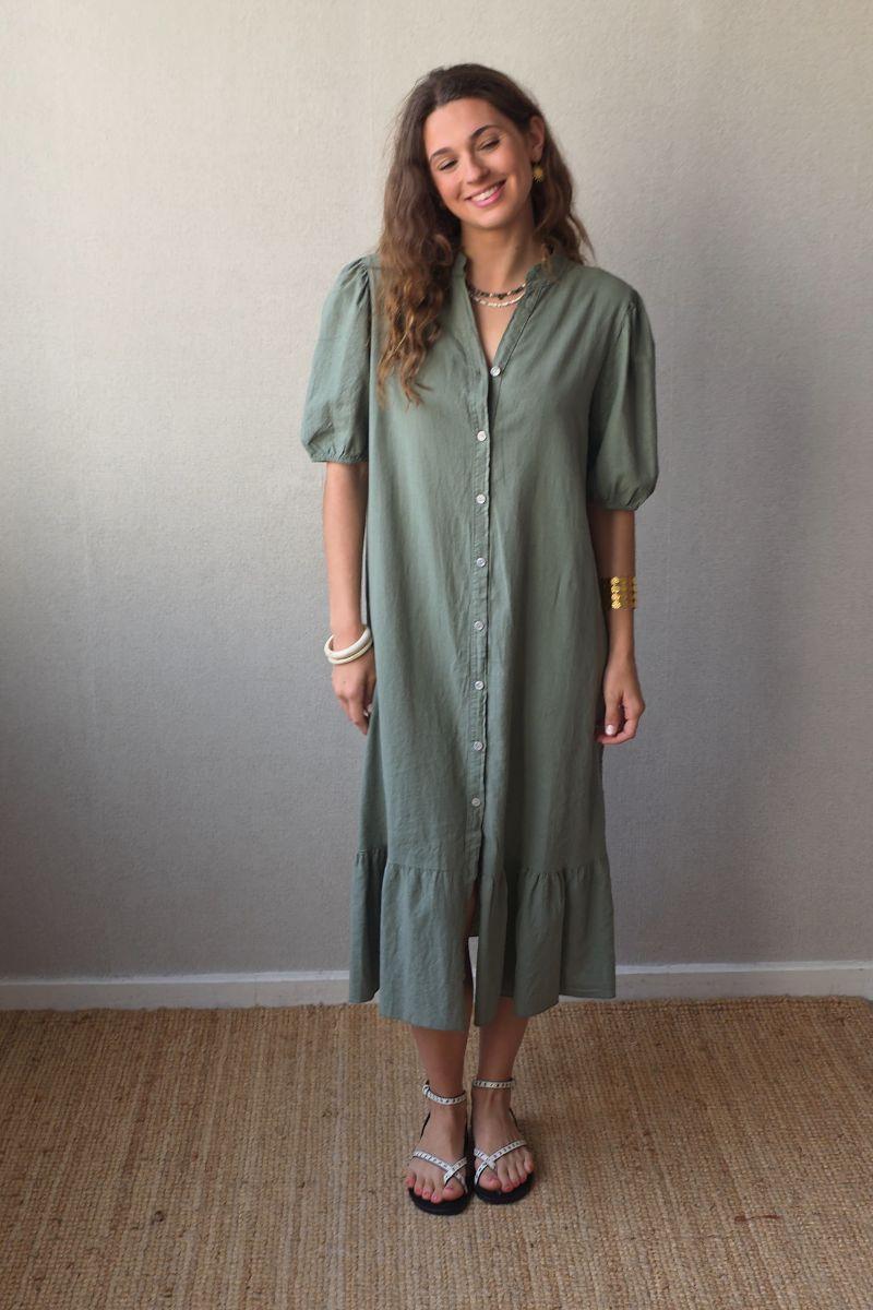 Vestido botones tipo lino caqui