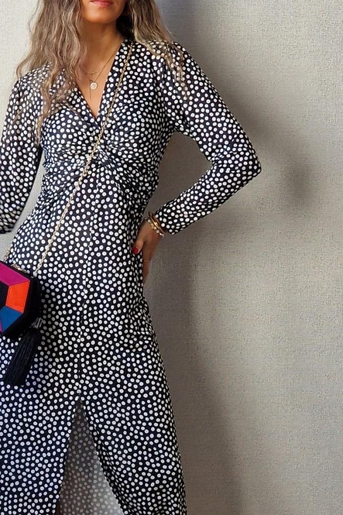 Vestido estampado de lunares con manga larga negro