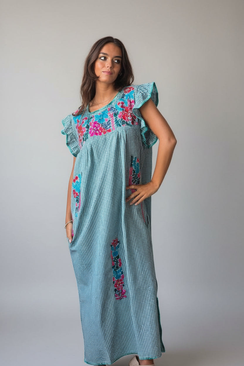 Vestido mexicano cuadro vichy verde mint