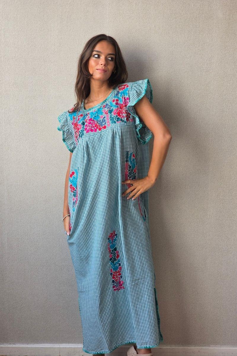 Vestido mexicano cuadro vichy verde mint