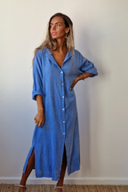 Vestido largo camisero tipo lino turquesa