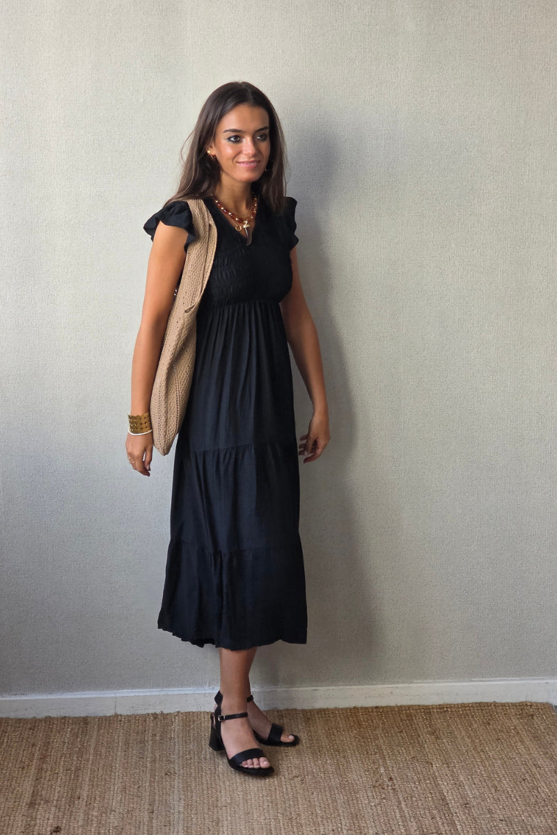 Vestido nido de abeja con volantes negro