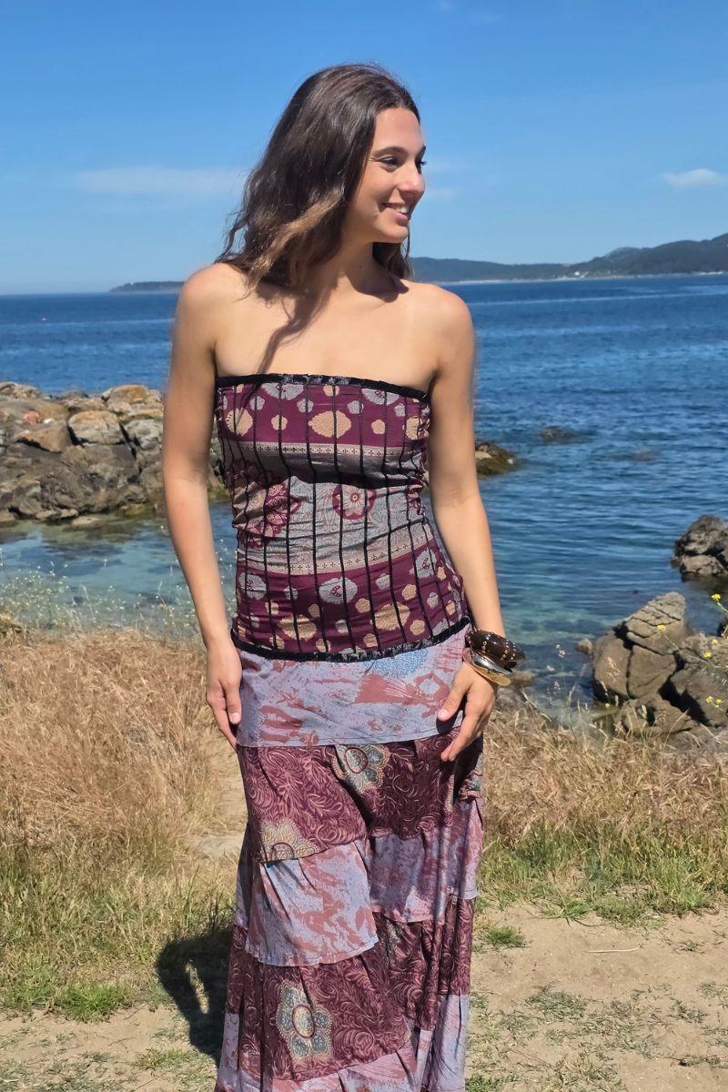 Vestido palabra de honor telas indias marrón