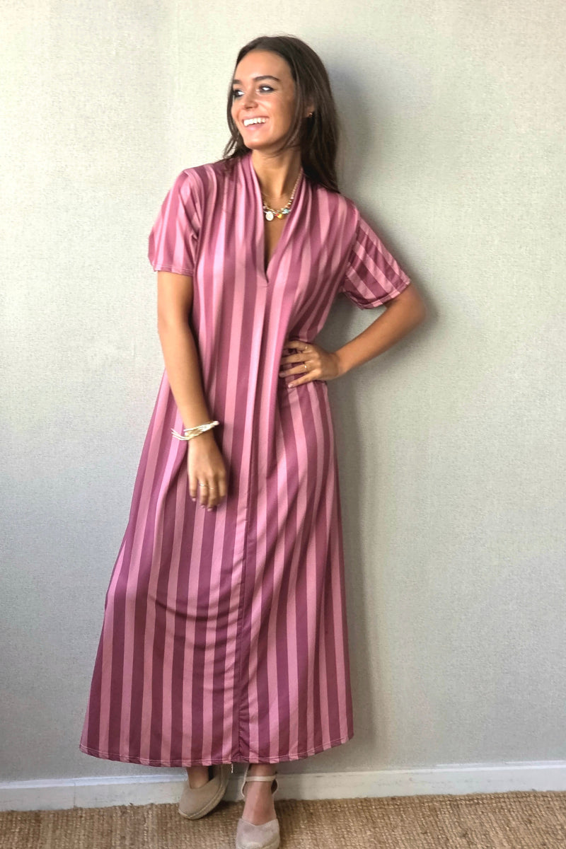 Vestido rayas manga corta no se arruga rosa cebolla