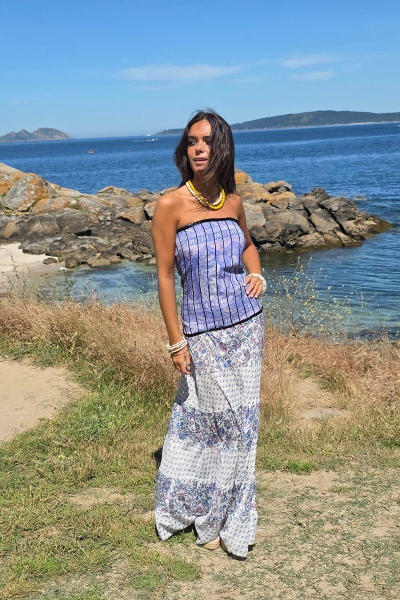 Vestido palabra de honor telas indias morado