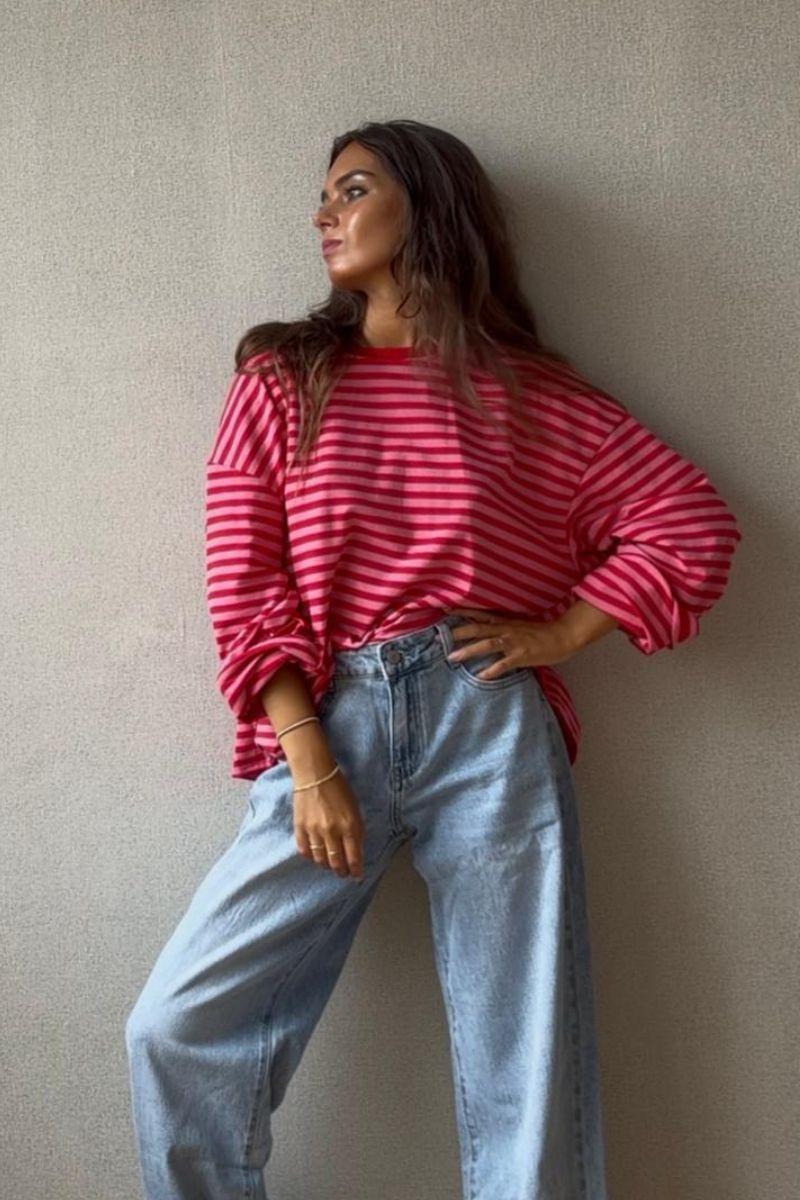Sudadera oversize corta de Rayas fucsia