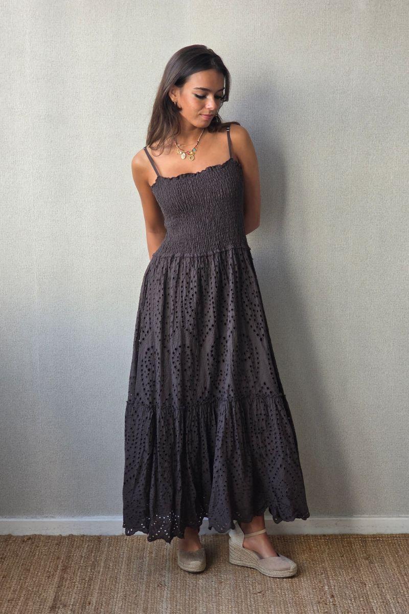 Vestido de tirantes guipur marrón