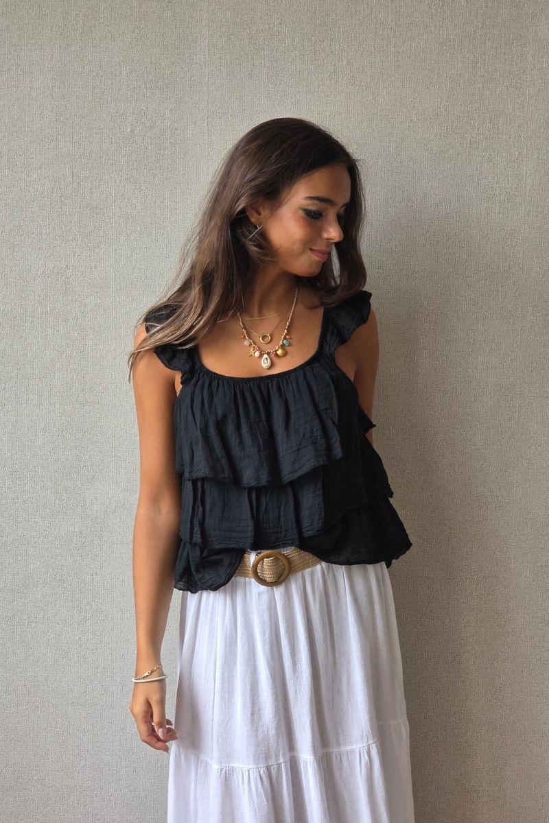 Top volantes tirantes negro