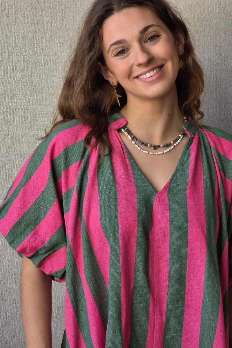 Vestido de mujer manga abullonada con rayas fucsia