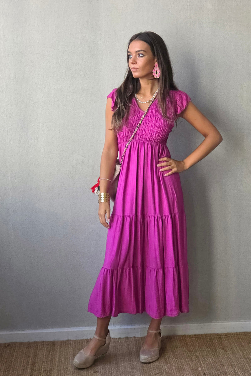 Vestido nido de abeja con volantes magenta