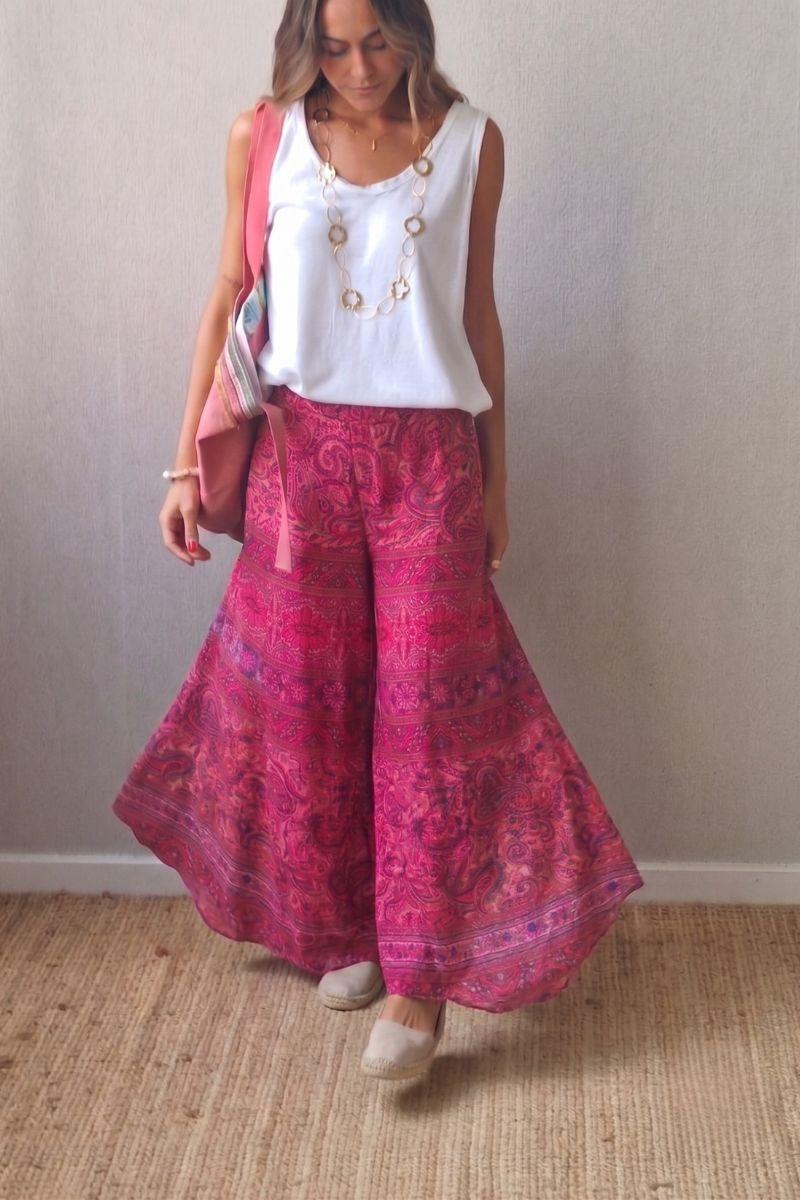 Pantalón dibujo chachemire telas indias fucsia