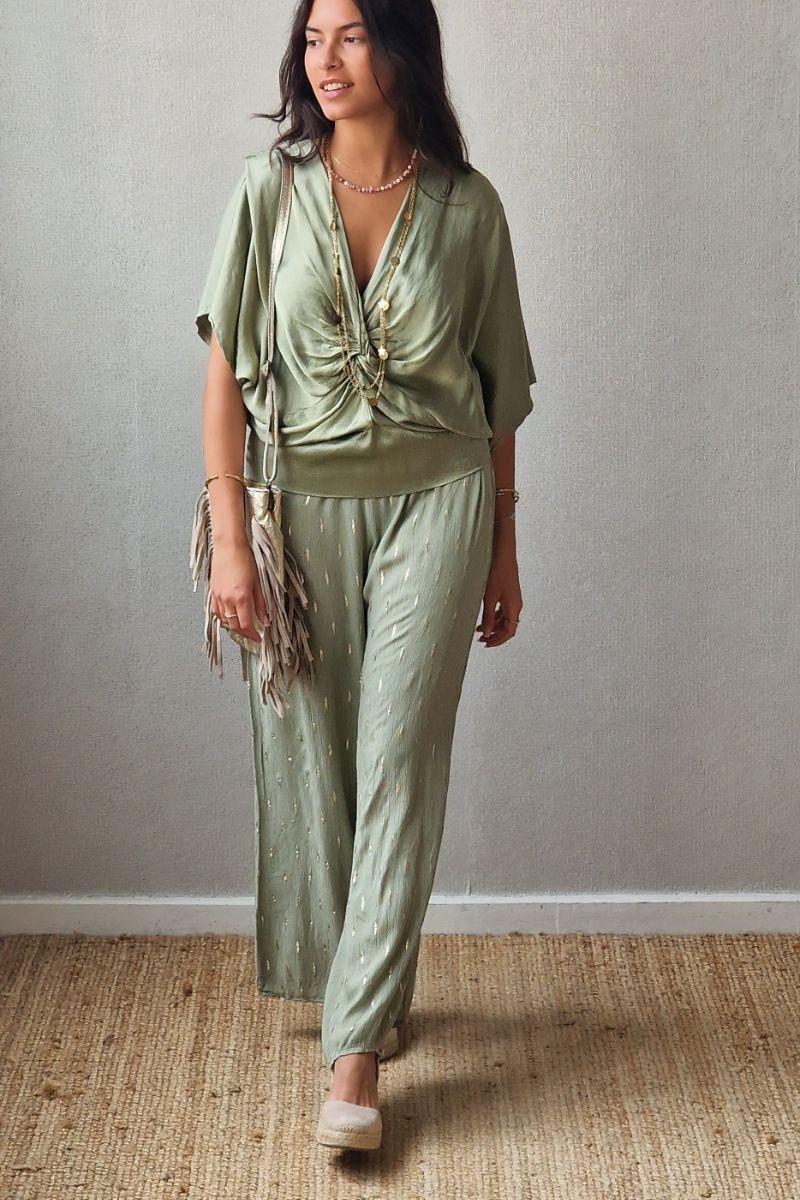 Pantalón tipo bambula verde militar y lurex dorado