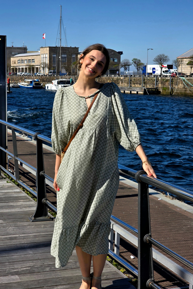 Vestido Largo Flores M. Globo Salvia