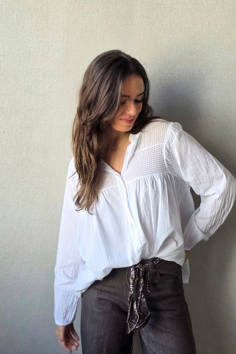 Camisa Blanca Cuello Mao con Rayas