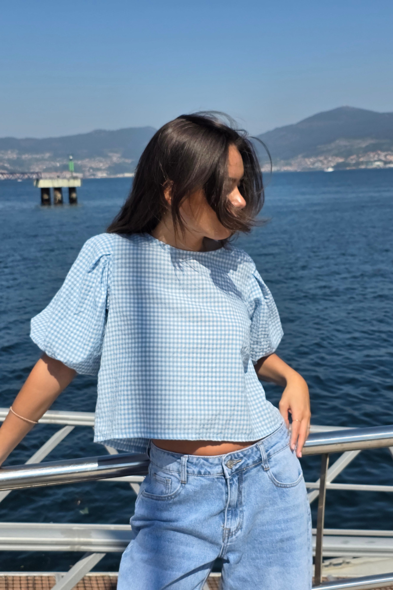 Blusa Manga Globo Cuadro Vichy Celeste