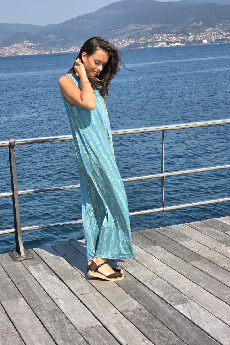 Vestido Largo Estampado Ramos Verde elástico