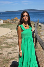 Vestido de tirantes nido de abeja verde algodón lino