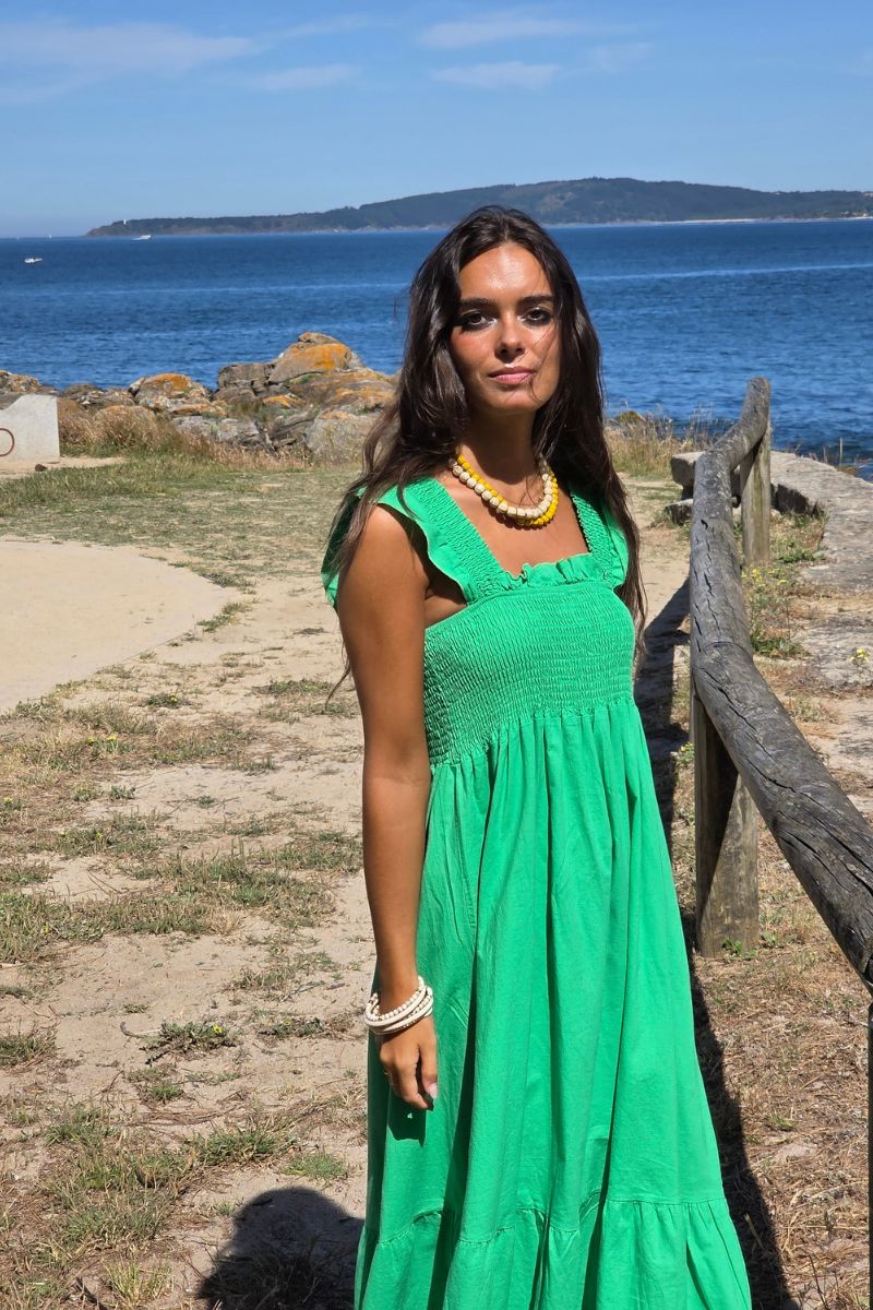 Vestido de tirantes nido de abeja verde algodón lino