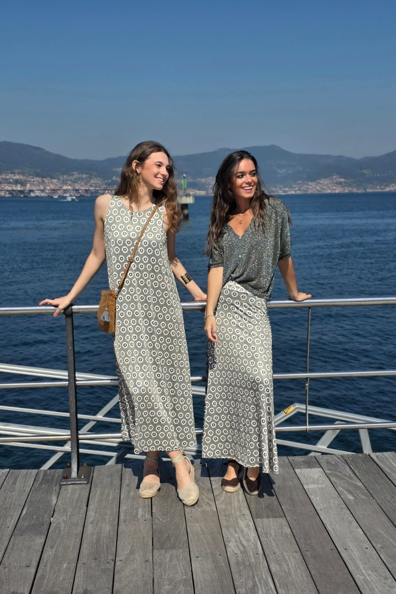 Vestido Largo Estampado Célula Caqui elástico