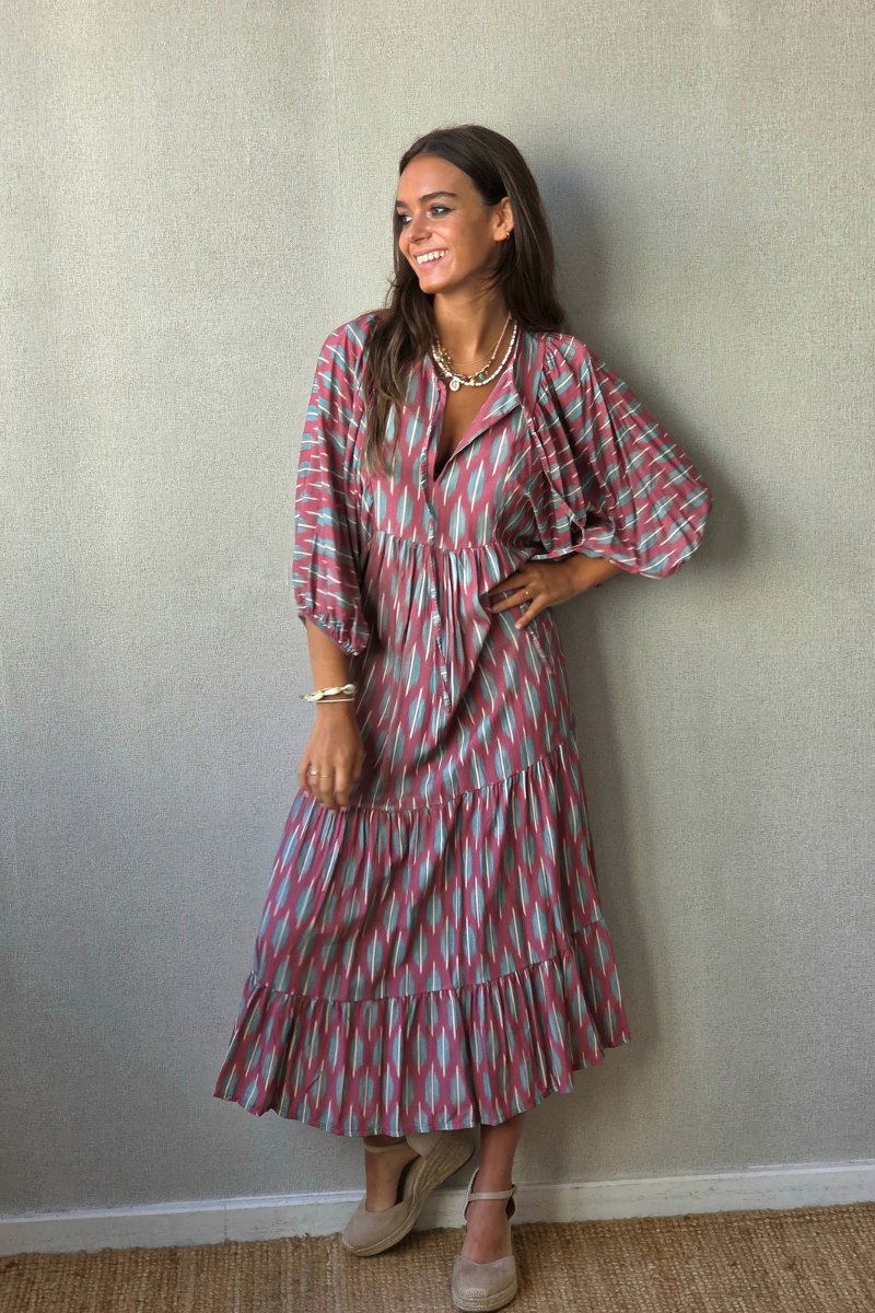 Vestido Mangas Abullonadas Estampado Rosa