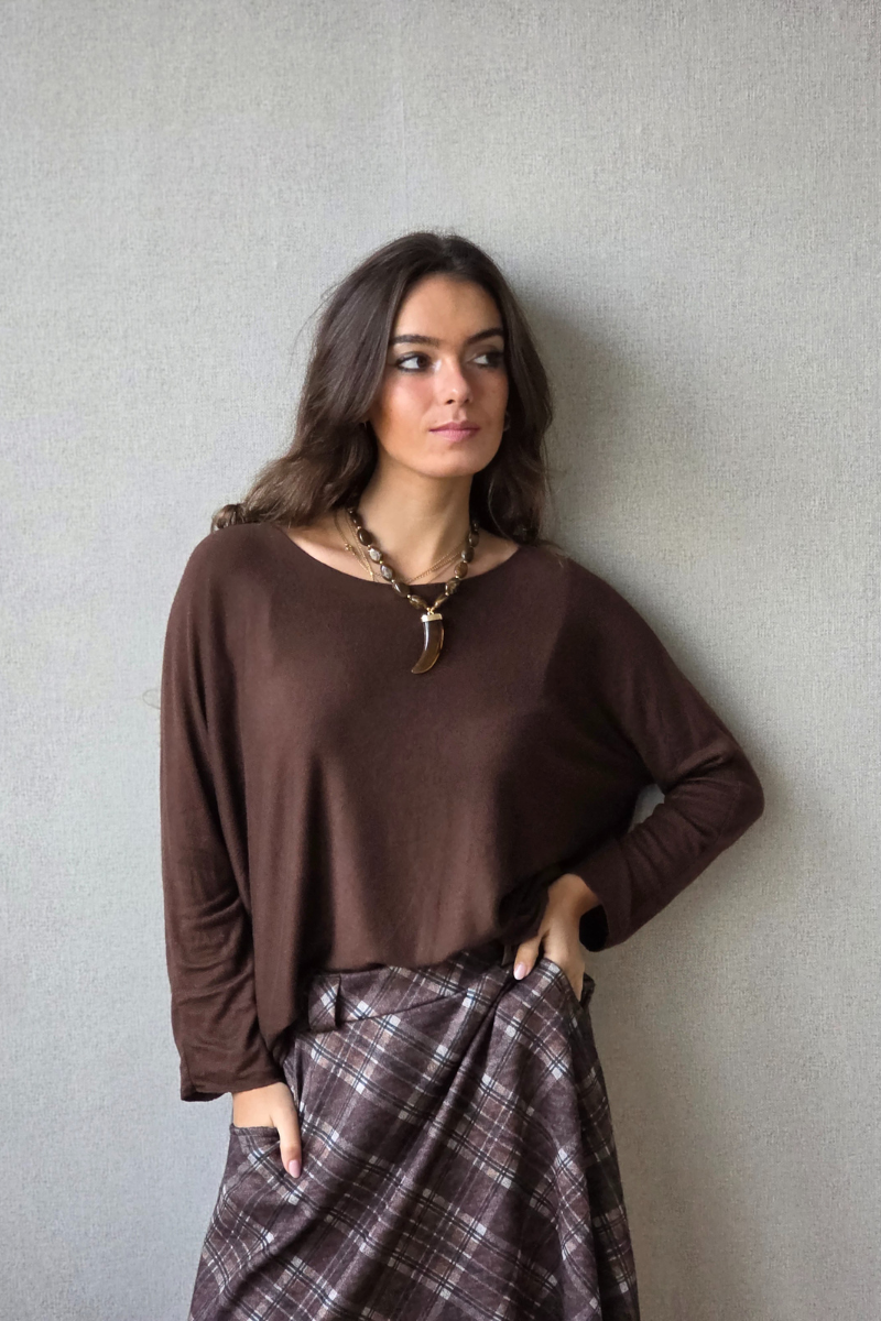 Jersey punto fino fluido marrón chocolate