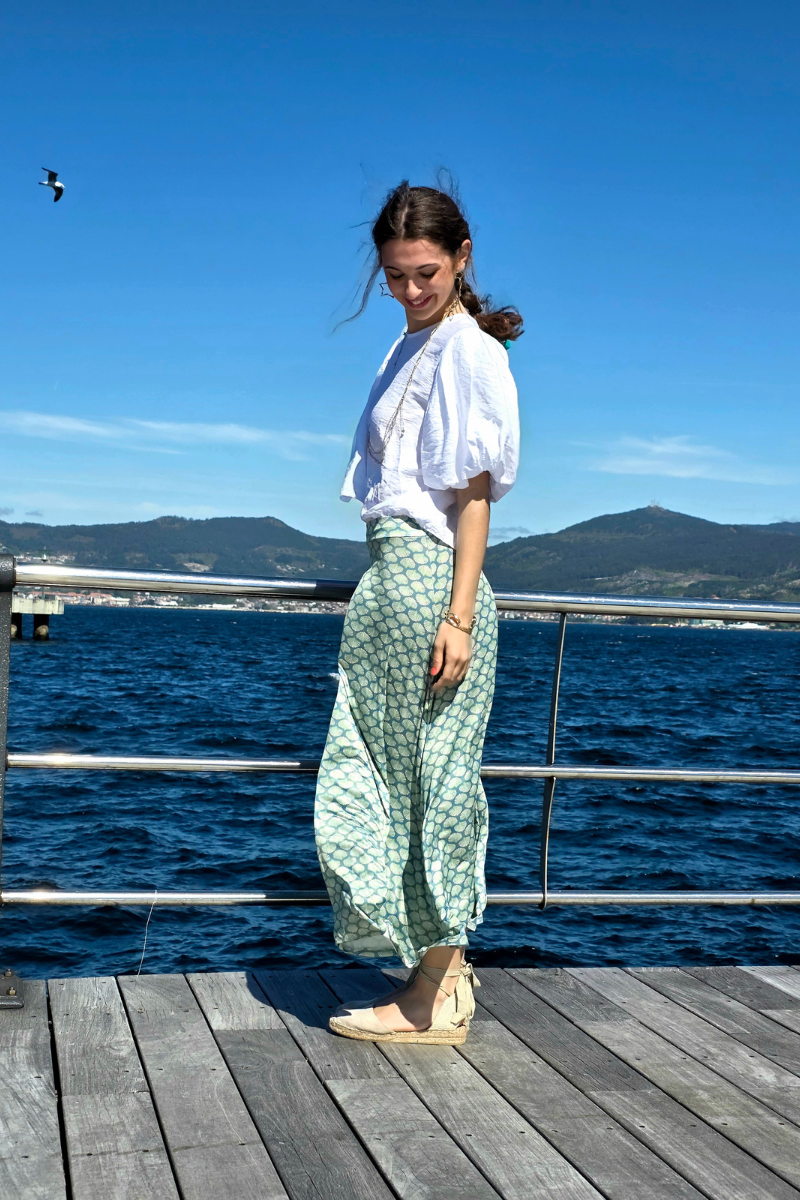 Falda Larga de Conchas Verde elástica