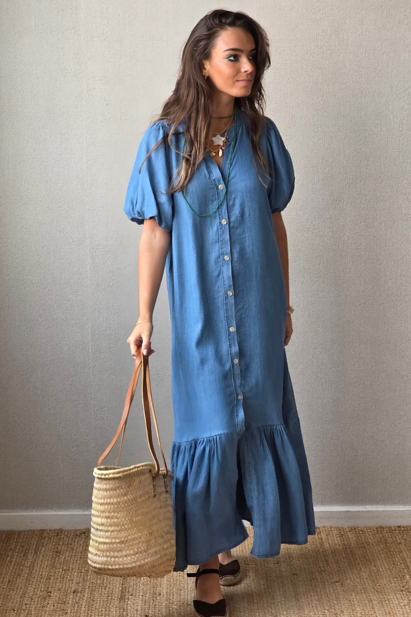 Vestido Manga Globo Azul Jeans Oscuro