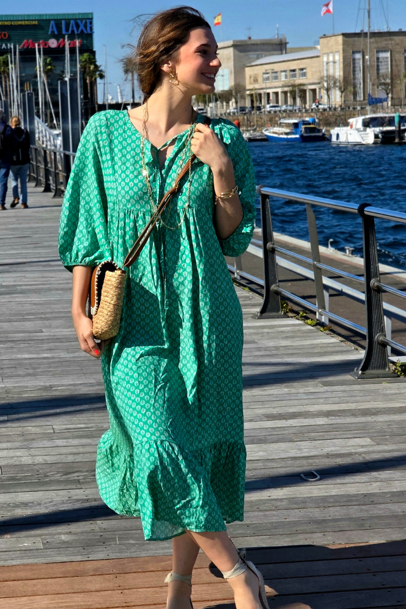 Vestido Largo Flores M. Globo Verde