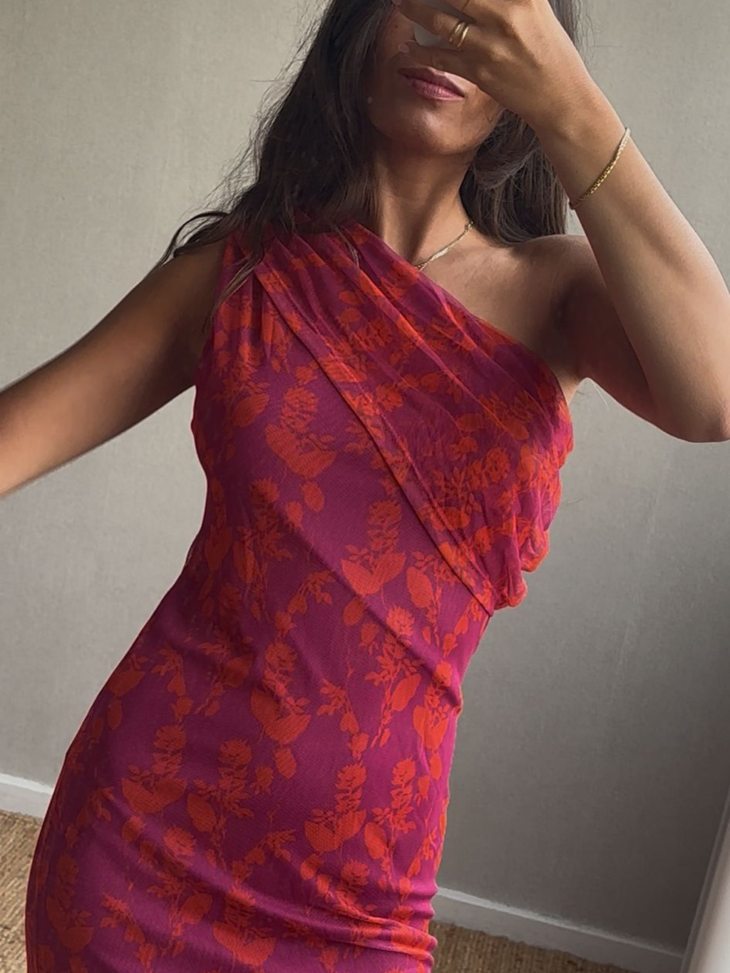 Vestido Estampado Flores Hombro Descubierto Naranja