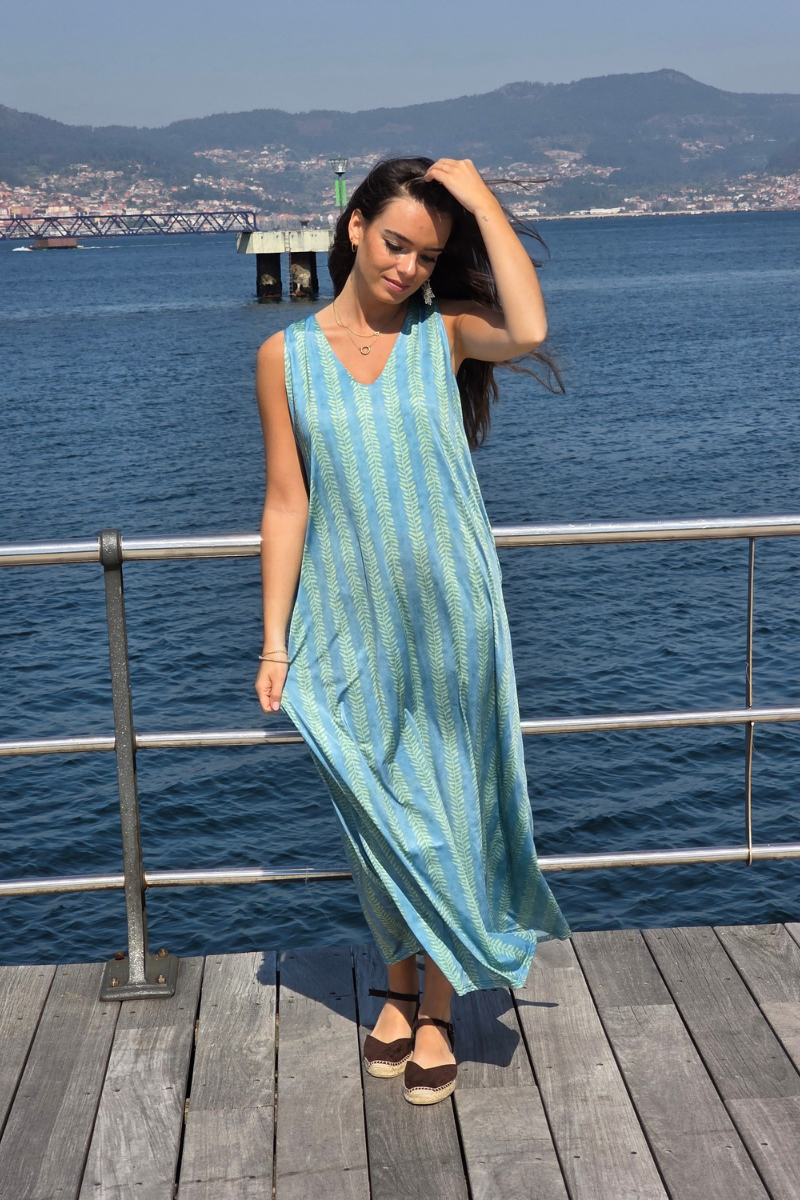 Vestido Largo Estampado Ramos Verde elástico