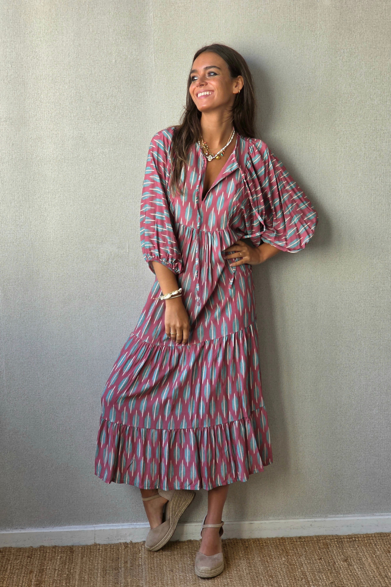 Vestido Mangas Abullonadas Estampado Rosa