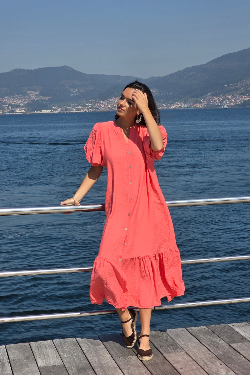 Vestido Manga Globo Coral