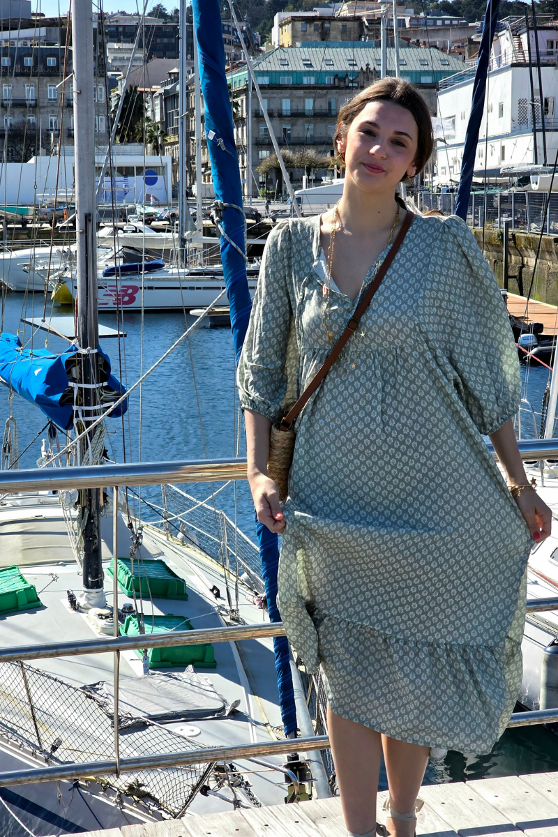 Vestido Largo Flores M. Globo Salvia