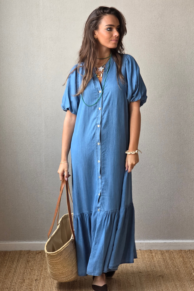 Vestido Manga Globo Azul Jeans Oscuro