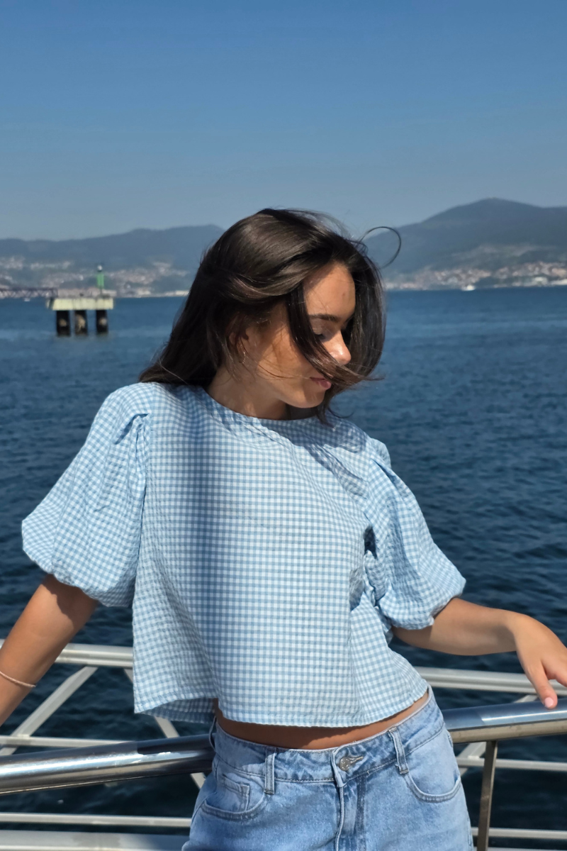 Blusa Manga Globo Cuadro Vichy Celeste