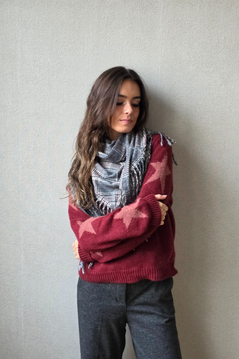 Bufanda escocesa triangulo y flecos azul