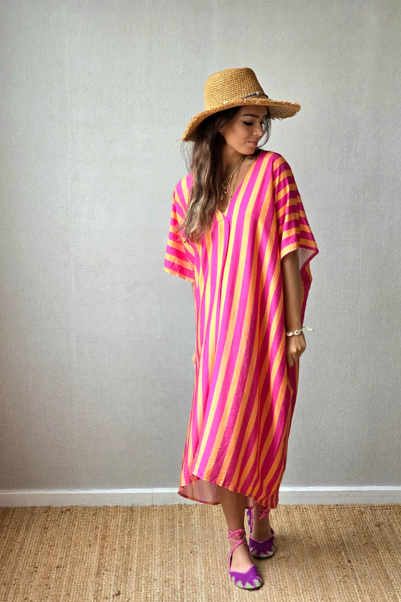 Vestido rayas tipo kurta fucsia