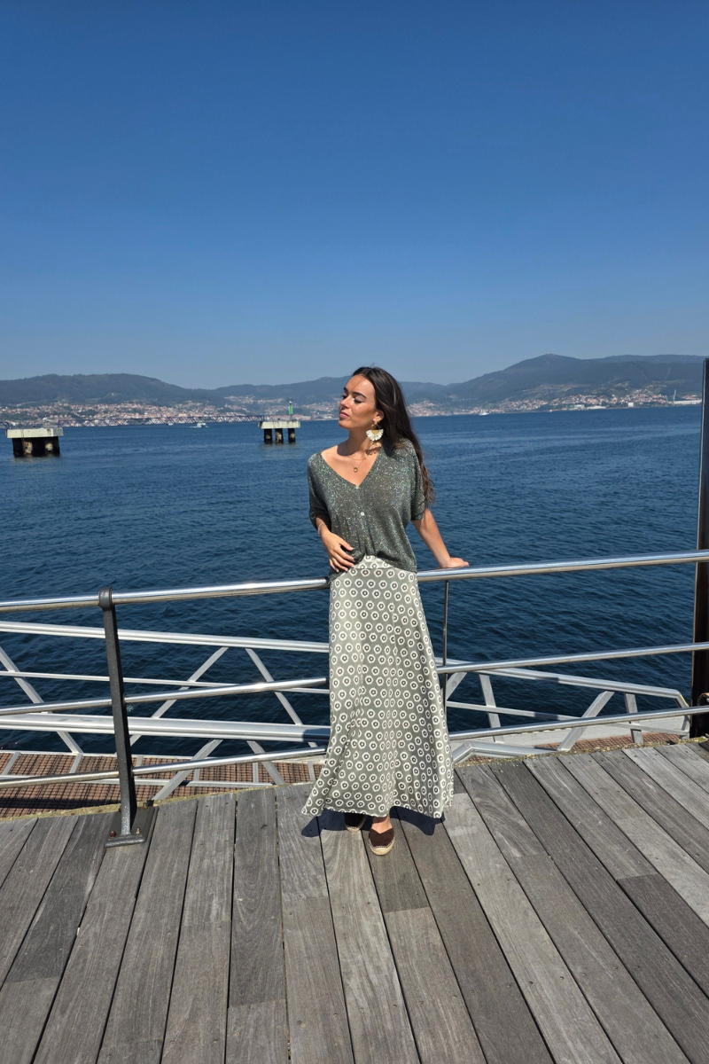 Falda Larga Estampado Célula Caqui