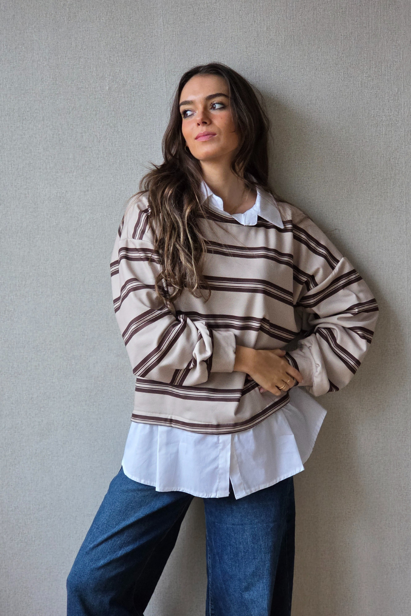 Jersey de Rayas Beige y Marrón con Cuello Camisa