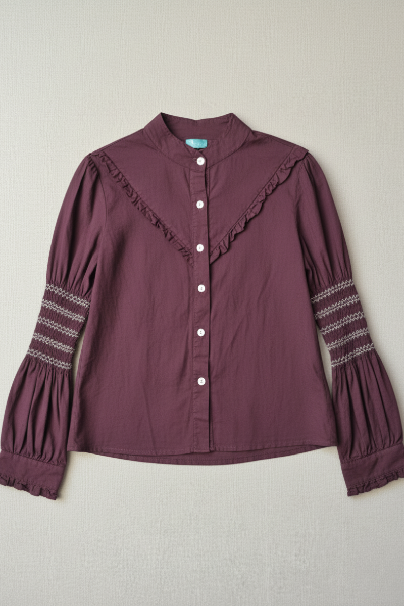 Camisa Fortunata con manga bordados dorados burdeos