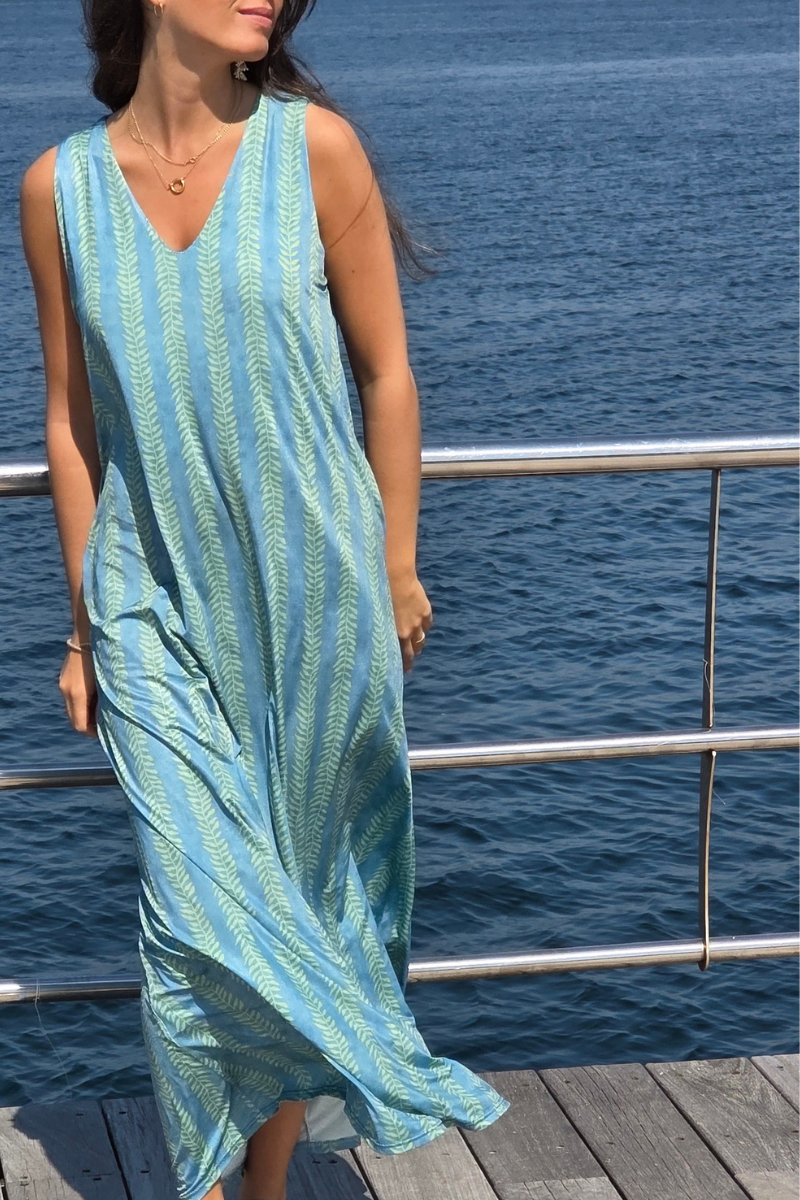 Vestido Largo Estampado Ramos Verde elástico