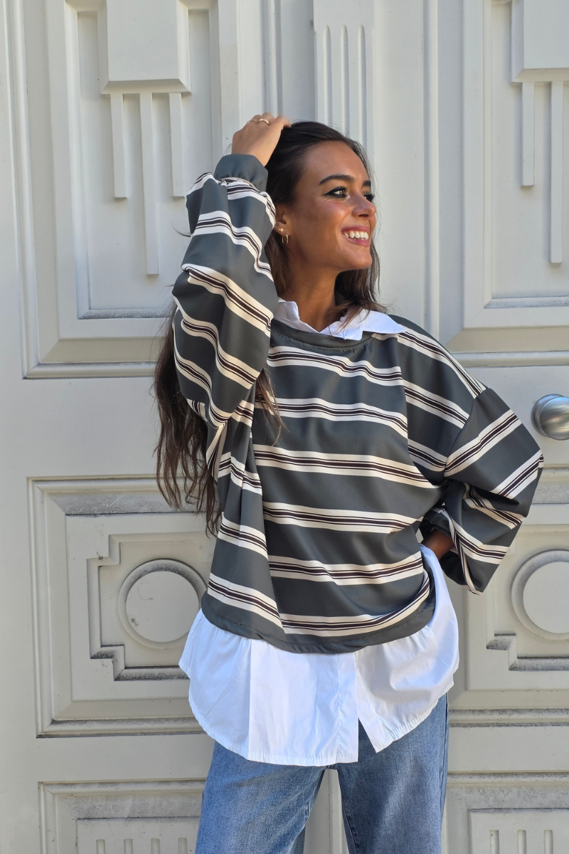 Jersey de Rayas Verde Militar y Marrón con Cuello Camisa