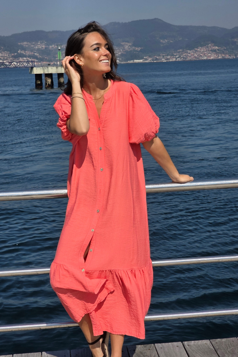 Vestido Manga Globo Coral