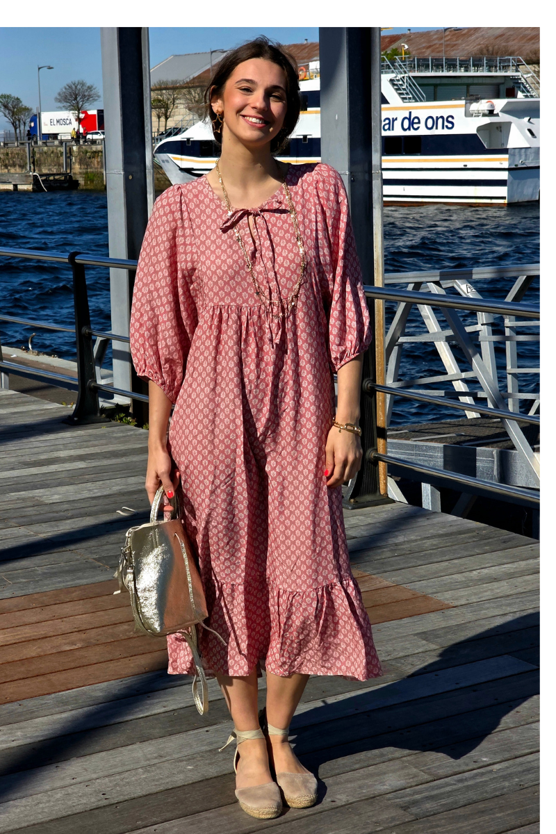 Vestido Largo Flores M. Globo Rosa