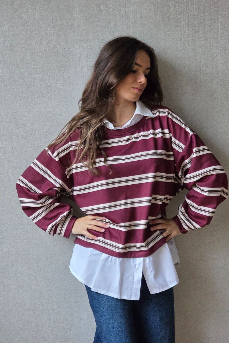 Jersey de Rayas Burdeos y Marrón con Cuello Camisa